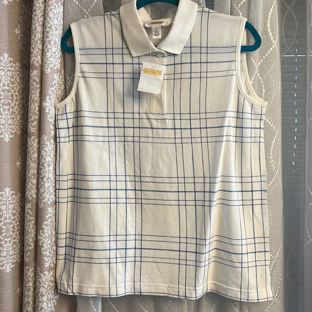 NWT Talbots Sleeveless Knit Polo Shirt | 100% Cotton | Size L | Blue & White
